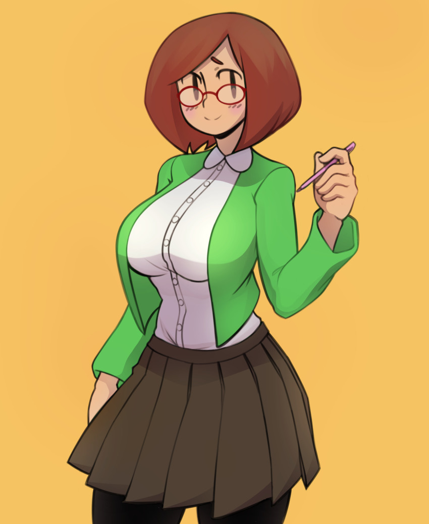 1girl, arm_up, atomicjosuke, black_skirt, bob_cut, breasts, brown_eyes, brown_hair, buttons, cardigan, collared_shirt, glasses, green_cardigan, hand_up, highres, holding, holding_stylus, large_breasts, long_sleeves, nikki_(swapnote), nintendo, pantyhose, parted_bangs, red-framed_eyewear, shirt, short_hair, simple_background, skirt, smile, solo, standing, stylus, swapnote, white_shirt