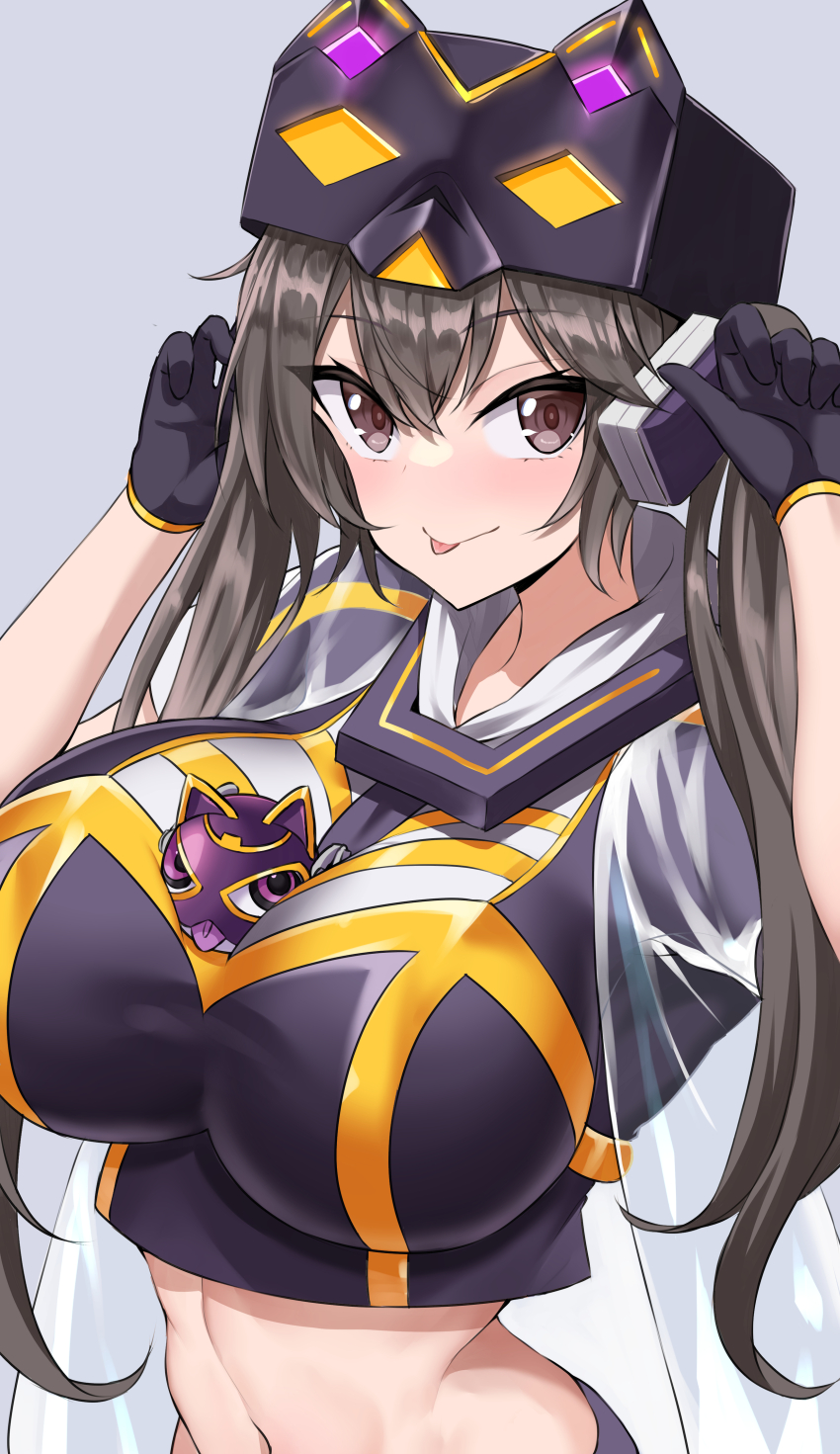 1girl, absurdres, black_gloves, breasts, brown_eyes, brown_hair, cat_mask, commission
