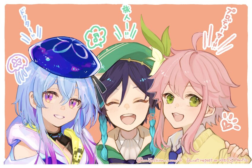 3boys, arknights, beret, blue_hair, blue_headwear, blush, braid, closed_eyes, collared_shirt, crossover, ensemble_stars!, flower, genshin_impact, green_eyes, green_headwear, hair_between_eyes, hat, highres, himemiya_tori, infection_monitor_(arknights), looking_at_viewer, male_focus, misoshiru_umai4, mizuki_(arknights), multicolored_hair, multiple_boys, murase_ayumu, musical_note, open_mouth, pink_hair, purple_hair, shirt, spoken_musical_note, teeth, trap, twin_braids, twitter_username, upper_teeth_only, venti_(genshin_impact), voice_actor_connection, white_flower, white_shirt
