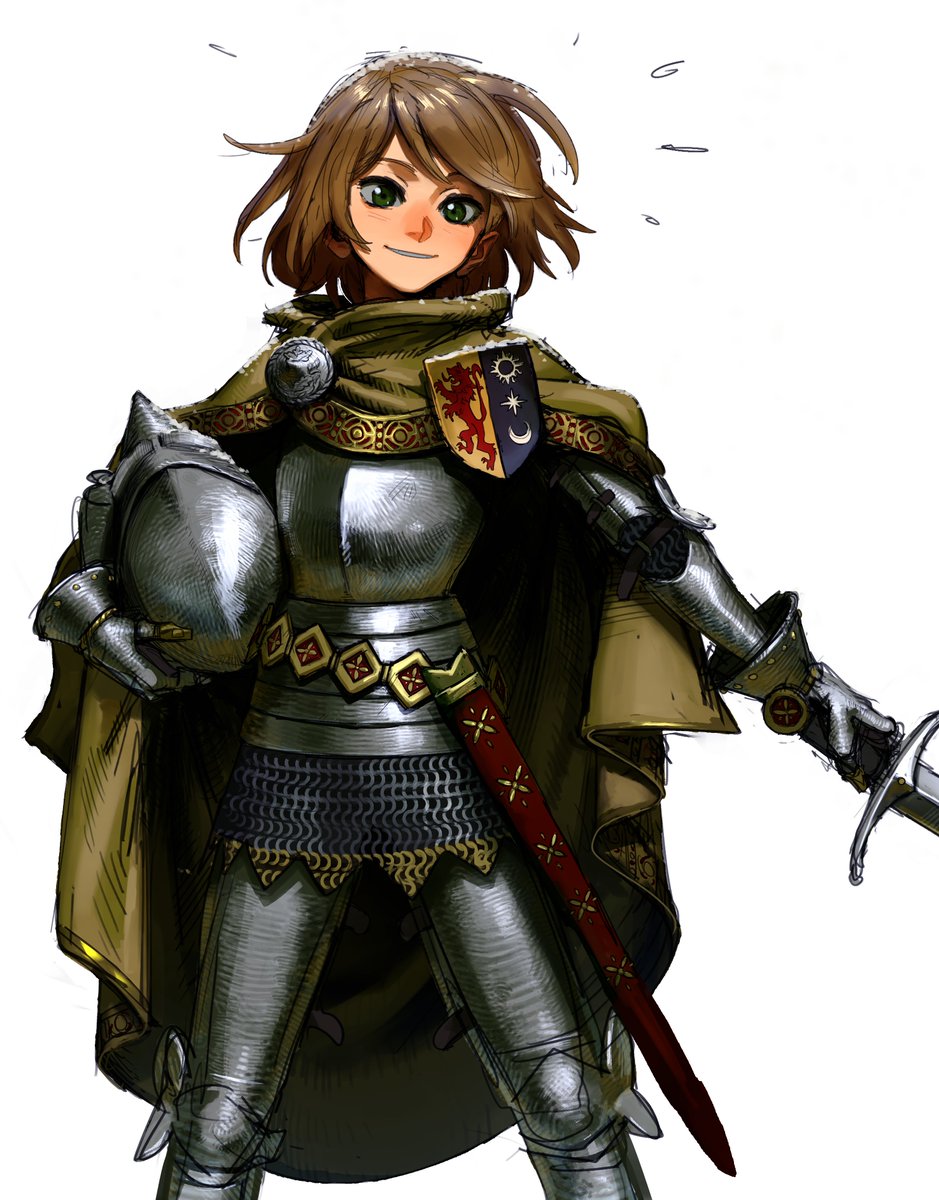 1girl, armor, armored_legwear, bascinet, blush, brown_hair, cape, commentary