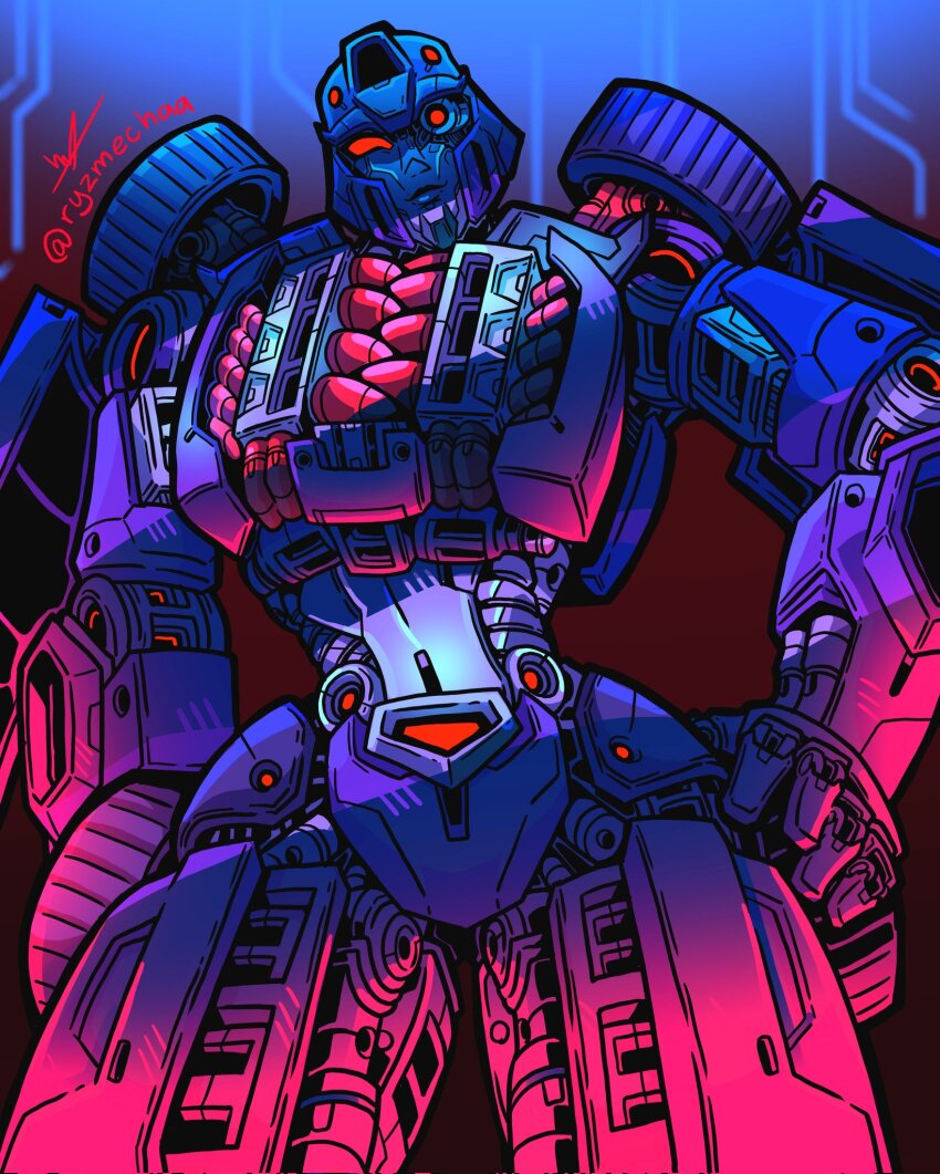 1girl, hand_on_own_hip, helmet, highres, humanoid_robot, looking_at_viewer, looking_down, mechabare