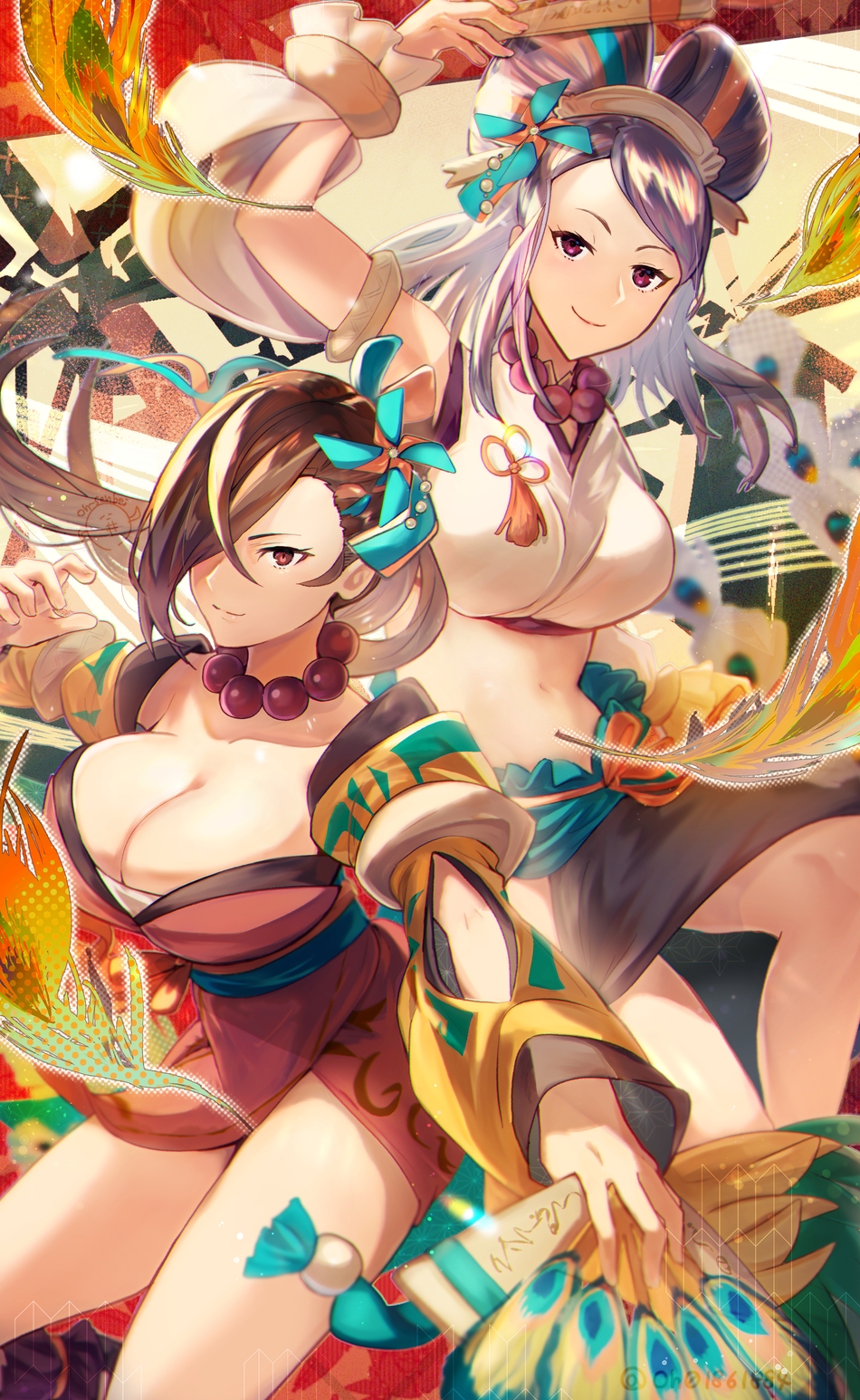 2girls, bare_shoulders, bead_necklace, beads, breasts, brown_eyes, brown_hair, cleavage, comb, crop_top, detached_sleeves, feathers, fire_emblem, fire_emblem_fates, fire_emblem_heroes, hair_ornament, hair_over_one_eye, hairpods, hand_fan, hand_up, highres, holding, holding_fan, japanese_clothes, jewelry, kagero_(fire_emblem), kagero_(winds_offered)_(fire_emblem), kimono, large_breasts, long_hair, looking_at_viewer, mature_female, midriff, multiple_girls, navel, necklace, ninja, nintendo, official_alternate_costume, oh01861884, orochi_(fire_emblem), orochi_(winds_offered)_(fire_emblem), peacock_feathers, pelvic_curtain, pinwheel_hair_ornament, ponytail, purple_eyes, purple_hair, short_kimono, side_slit, smile, tassel, thighs
