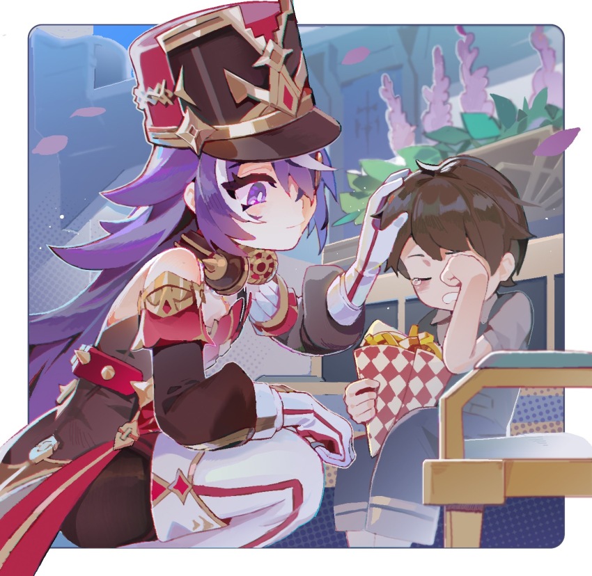 1boy, 1girl, banfenxuhuan899, bare_shoulders, black_dress, black_headwear, boots, bright_pupils, brown_hair, chevreuse_(genshin_impact), commentary_request, detached_sleeves, dress, earmuffs, earmuffs_around_neck, genshin_impact, gloves, hat, highres, long_hair, multicolored_hair, npc_(genshin_impact), outdoors, purple_eyes, purple_hair, shako_cap, squatting, streaked_hair, thigh_boots, very_long_hair, white_footwear, white_gloves, white_hair, white_pupils