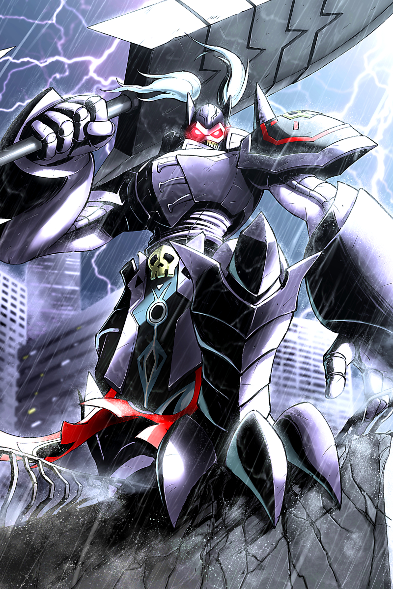 armor, claiomh_solais_(digimon), craniummon, digimon, digimon_(creature), dot_pupils, gauntlets, helmet