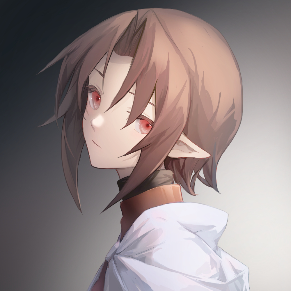 1girl, asc_(sfhiro), brown_hair, capelet, closed_mouth, expressionless, gradient_background, grey_background
