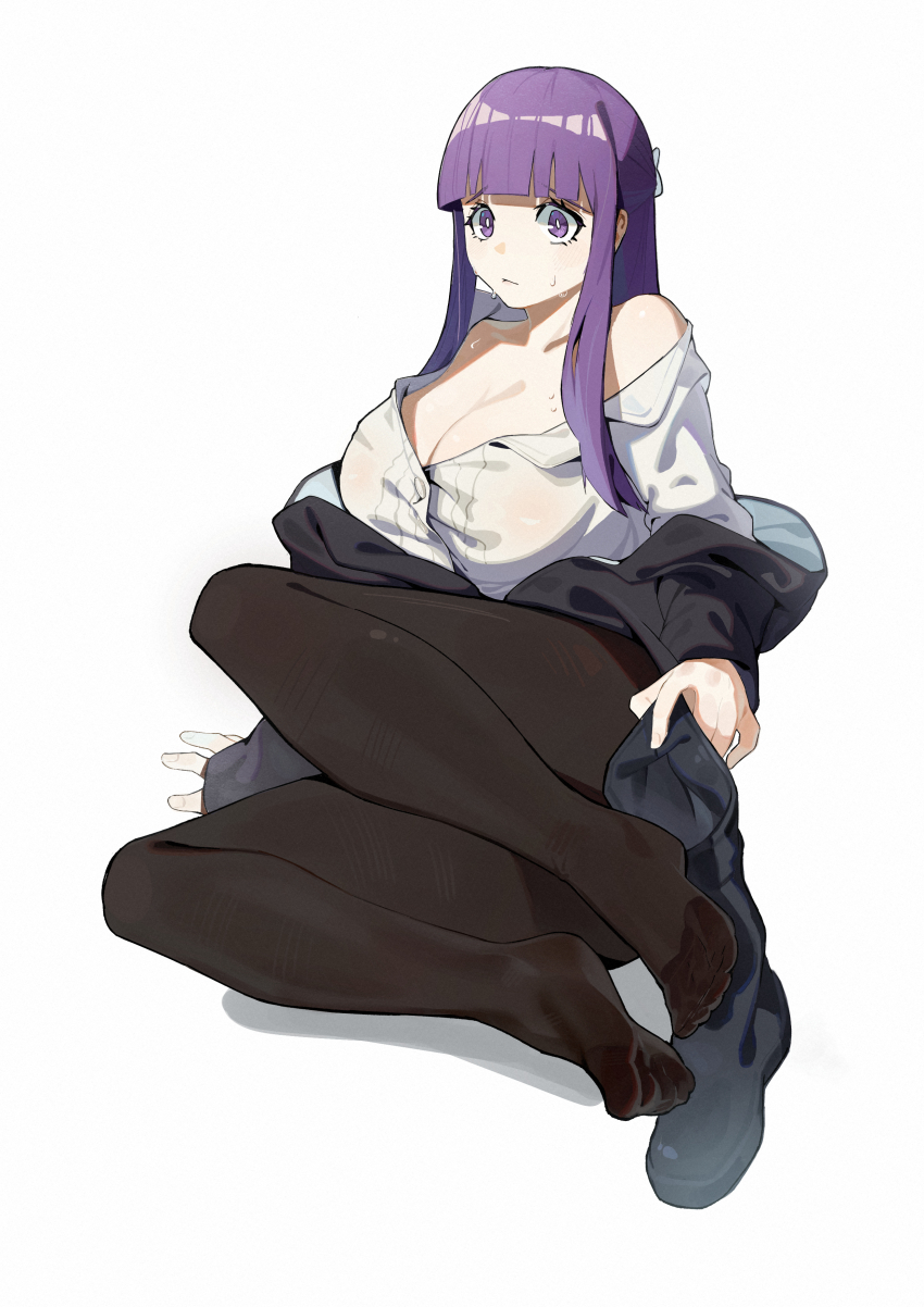 1girl, absurdres, black_pantyhose, blunt_bangs, boots, breasts, chadlink, cleavage, feet, fern_(sousou_no_frieren), full_body, highres, huge_breasts, large_breasts, light_blush, long_hair, looking_at_viewer, pantyhose, purple_eyes, purple_hair, shoes, simple_background, sitting, soles, solo, sousou_no_frieren, sweat, unworn_boots, unworn_shoes, white_background