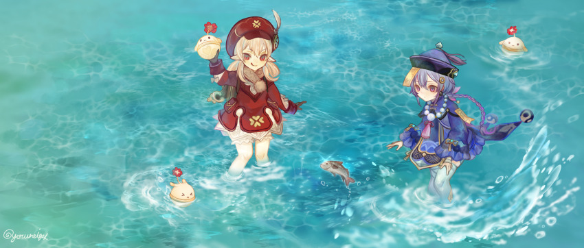 2girls, black_gloves, blonde_hair, bloomers, braid, fish, genshin_impact, gloves