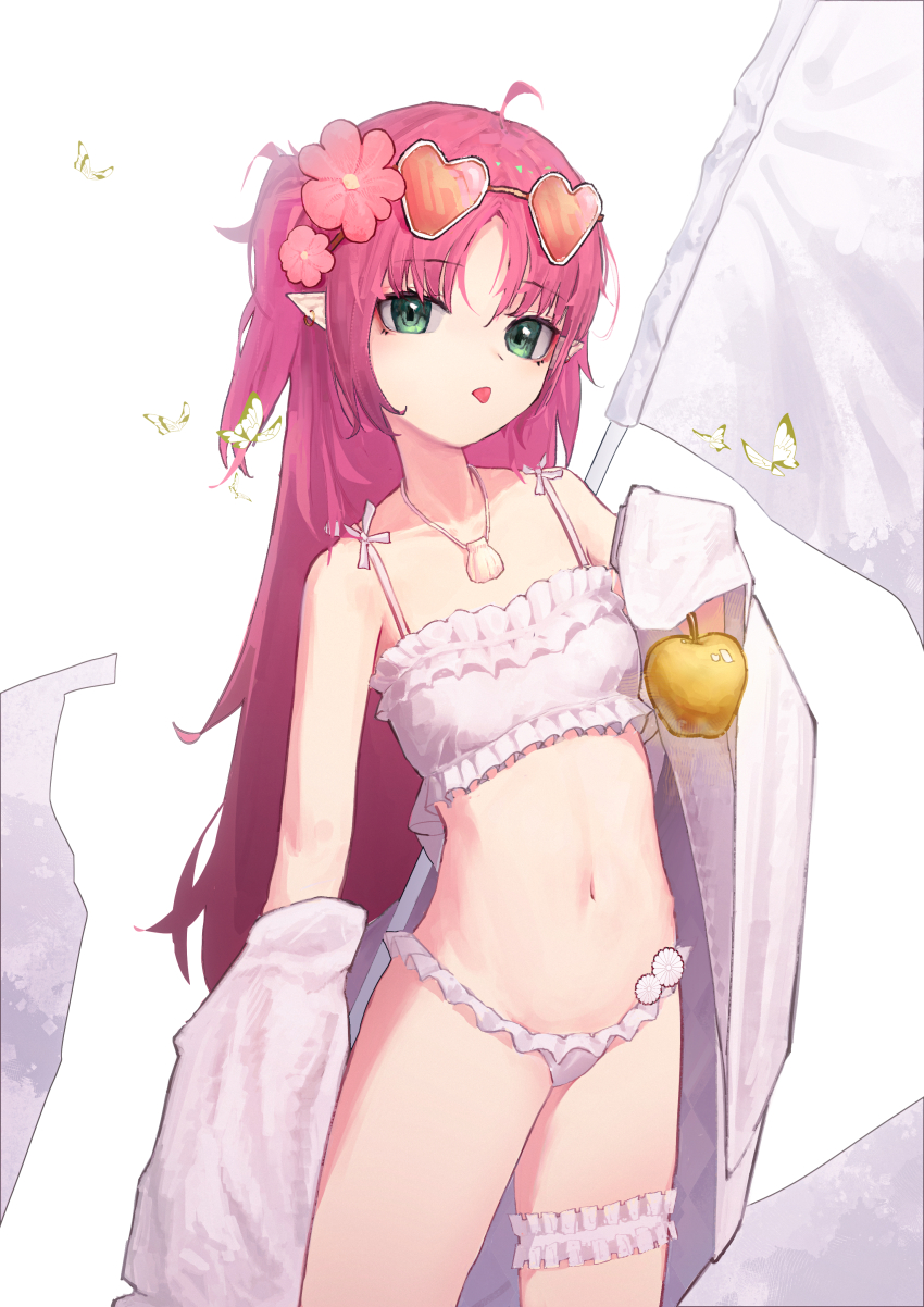 1girl, absurdres, arknights, bikini, breasts, closed_mouth, commentary, cowboy_shot, eyewear_on_head, flower, frilled_bikini, frilled_thigh_strap, frills, green_eyes, hair_flower, hair_ornament, heart, heart-shaped_eyewear, highres, jewelry, long_hair, looking_at_viewer, myrtle_(arknights), myrtle_(summer_flowers)_(arknights), navel, necklace, nian962464, official_alternate_costume, orange-tinted_eyewear, pointy_ears, red_hair, shell, shell_necklace, small_breasts, solo, swimsuit, untranslatable_commentary, thigh_strap, tinted_eyewear, tongue, tongue_out, two_side_up, very_long_hair, white_bikini