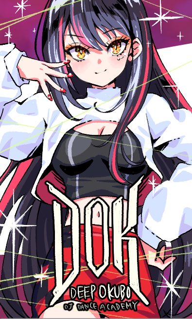 1girl, black_hair, black_shirt, breasts, cleavage, closed_mouth, commentary_request, cowboy_shot, cropped_shirt, denonbu, hand_on_own_hip, hand_up, lico_(denonbu), long_hair, long_sleeves, looking_at_viewer, medium_breasts, midriff, miniskirt, multicolored_hair, nail_polish, pink_hair, red_nails, shirt, shrug_(clothing), skirt, smile, solo, sparkle, standing, streaked_hair, very_long_hair, wanowanoji67, yellow_eyes