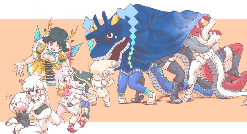 >_<, 6+girls, aged_down, animal_ears, animal_print, anteater_ears, anteater_tail, bare_shoulders