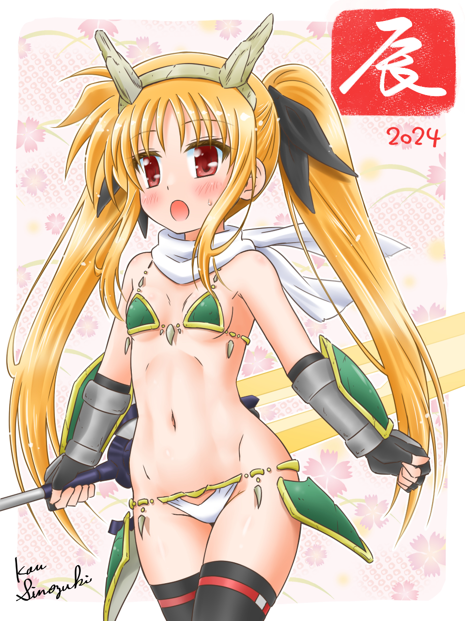 1girl, 2024, armor, bardiche_(nanoha), bardiche_(straight_saber_form)_(nanoha), bikini, bikini_armor, black_gloves, black_thighhighs, blonde_hair, blush, breasts, chinese_zodiac, dragon_horns, fake_horns, fate_testarossa, fingerless_gloves, gloves, green_bikini, highres, horns, long_hair, looking_at_viewer, lyrical_nanoha, mahou_shoujo_lyrical_nanoha, mahou_shoujo_lyrical_nanoha_a's, navel, open_mouth, red_eyes, shinozuki_takumi, small_breasts, solo, sweat, swimsuit, thighhighs, twintails, year_of_the_dragon