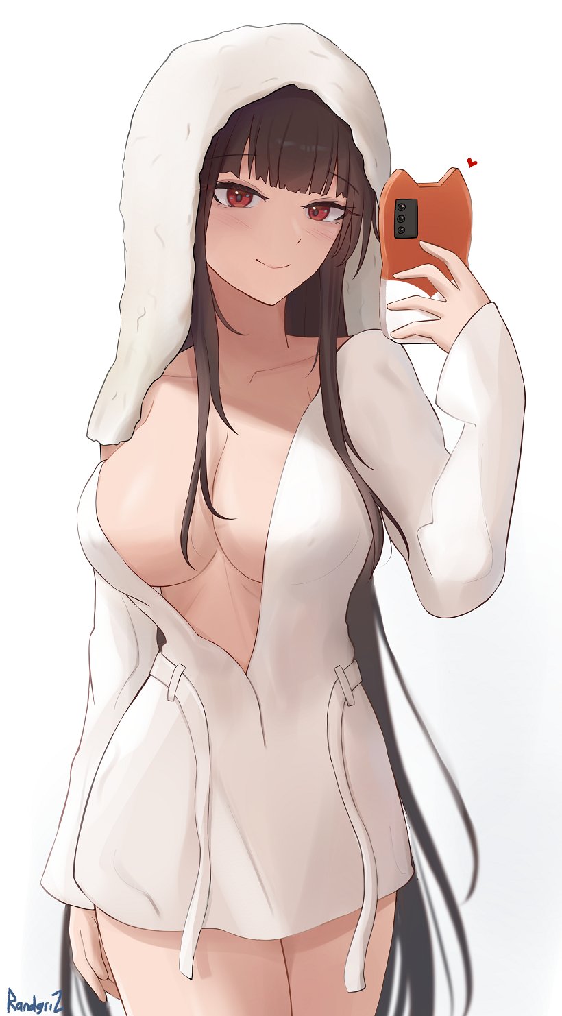 1girl, artist_name, blush, breasts, brown_hair, cellphone, cleavage, dsr-50_(daybreak's_whisper)_(girls'_frontline)