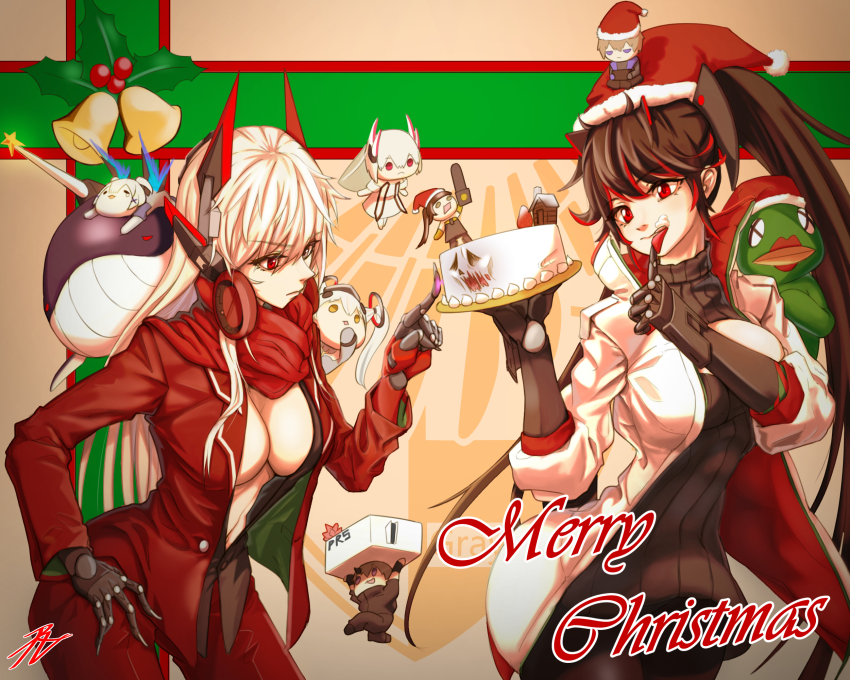 2boys, 6+girls, alpha_(pgr), black_hair, black_shirt, black_sweater, blue_eyes, breasts