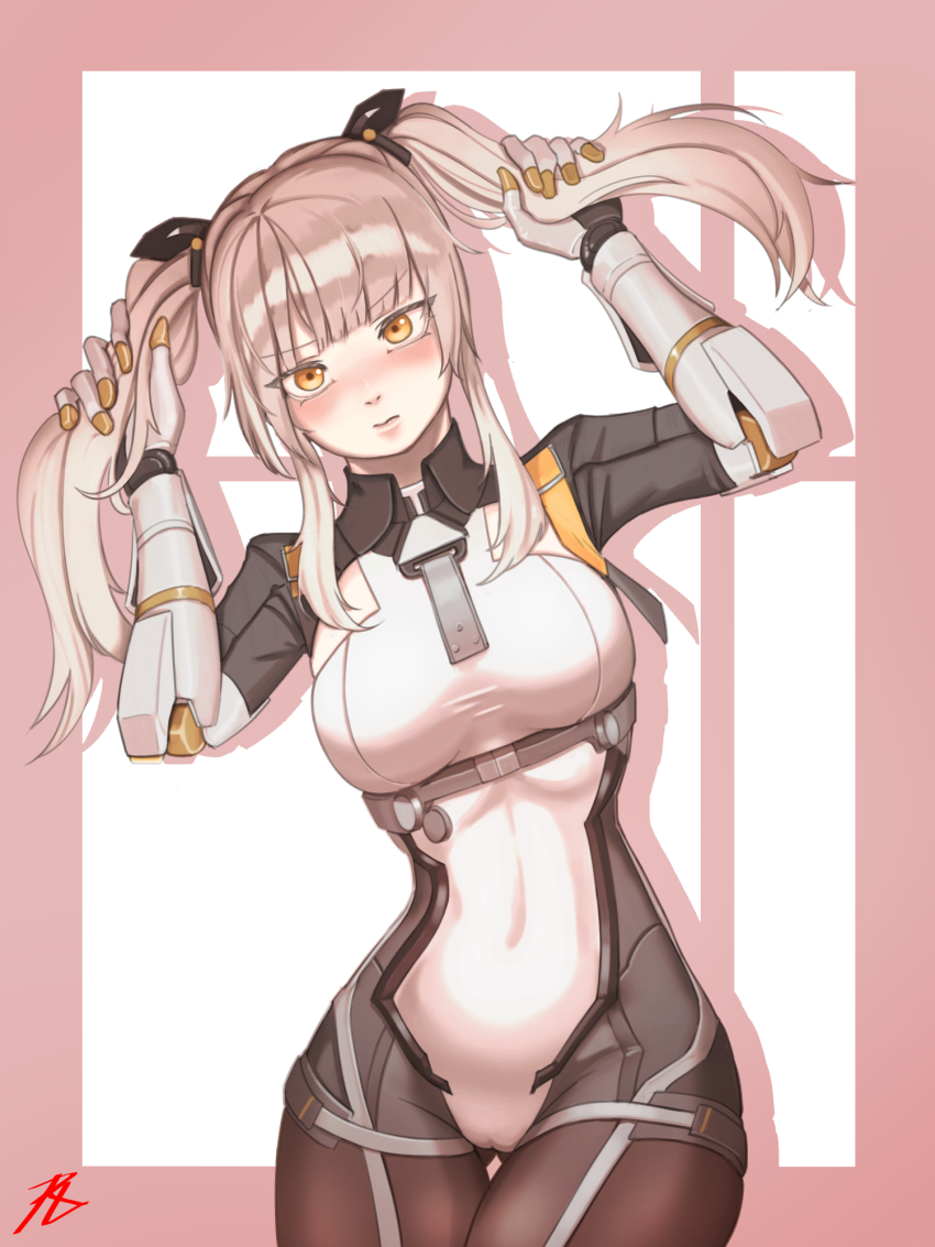 1girl, blush, bodysuit, cameltoe, cho1113, from_side, grey_bodysuit, grey_hair, highres, holding, holding_own_hair, joints, karenina:_scire_(pgr), karenina_(pgr), long_hair, looking_at_viewer, mechanical_arms, orange_eyes, punishing:_gray_raven, robot_joints, signature, solo, twintails, white_bodysuit