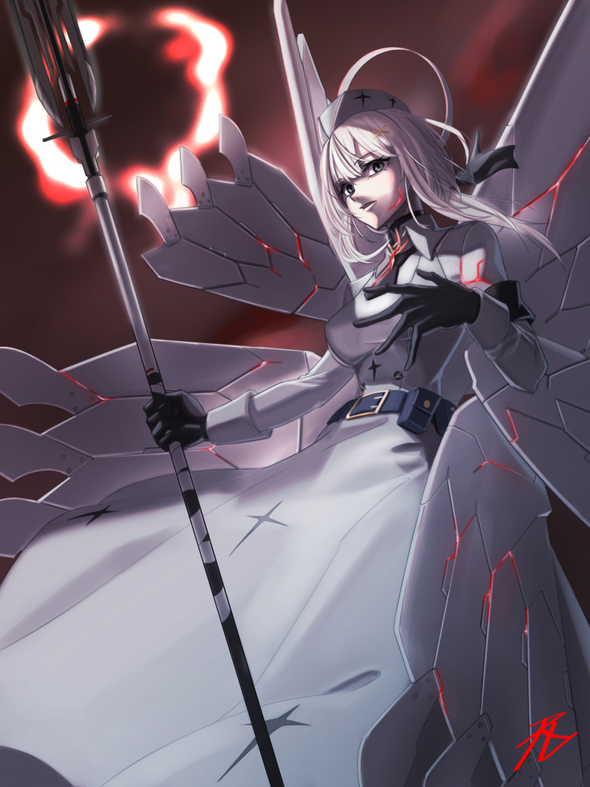 1girl, armband, belt, belt_pouch, black_armband, black_belt, black_gloves, black_necktie