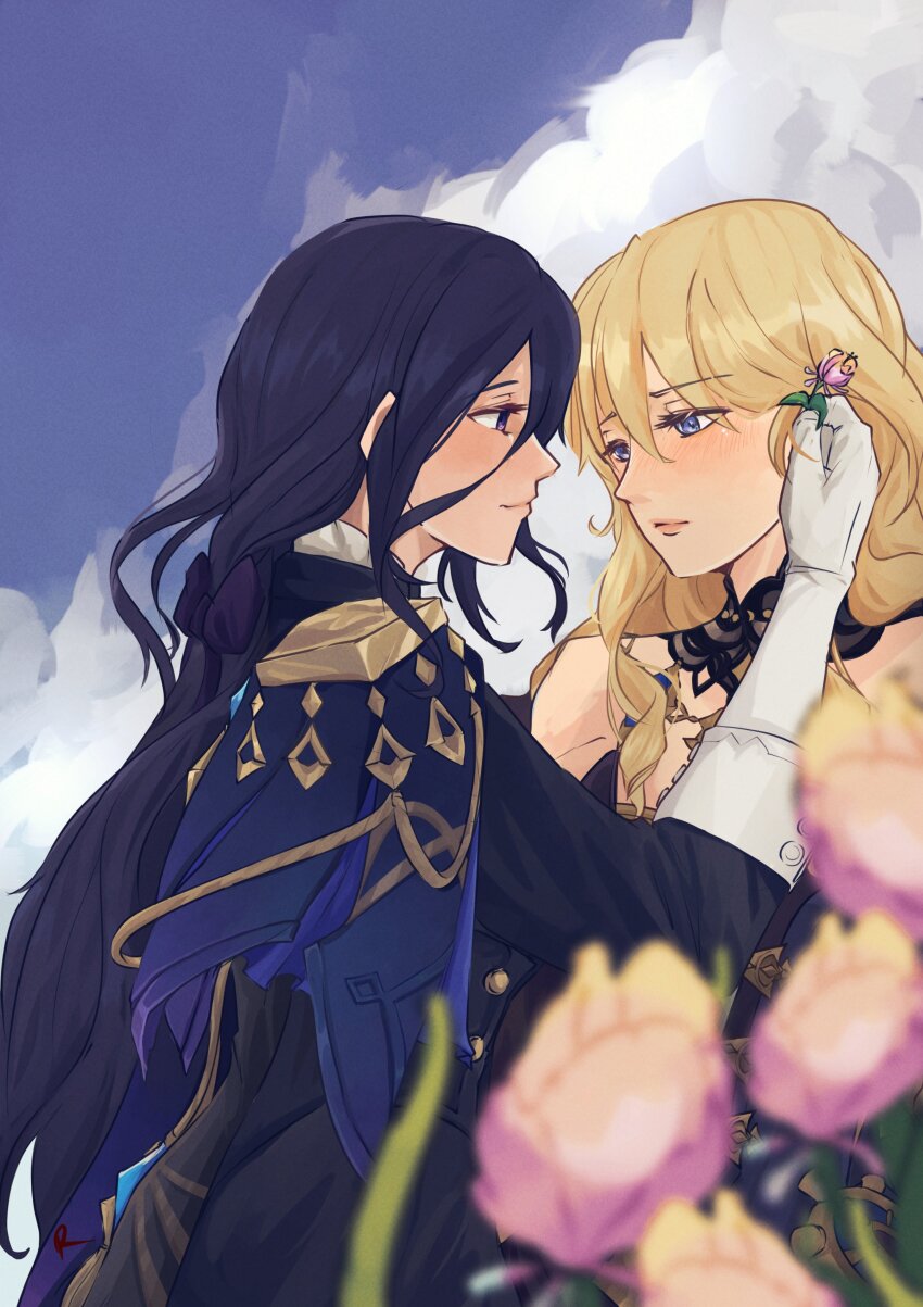 2girls, absurdres, bare_shoulders, black_shirt, blonde_hair, blue_capelet, blue_eyes, blue_sky, capelet, clorinde_(genshin_impact), cloud, commentary_request, day, flower, genshin_impact, gloves, hallybrr, highres, holding, holding_flower, long_hair, looking_at_another, multiple_girls, navia_(genshin_impact), pink_flower, purple_eyes, purple_hair, shirt, sky, smile, upper_body, very_long_hair, white_gloves, yuri