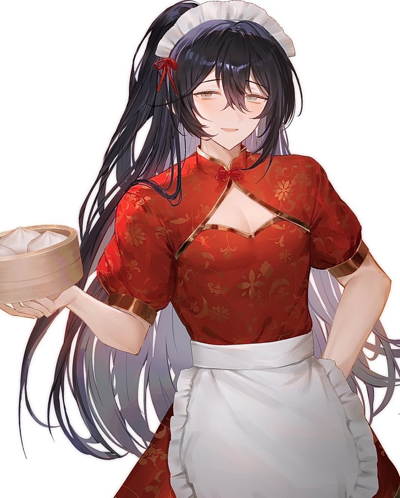 1boy, apron, bamboo_steamer, black_hair, blush, bonno_sasu, chinese_clothes, crossdressing