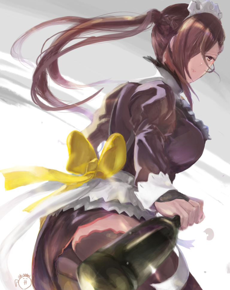 1girl, alcohol, black_dress, bottle, breasts, bridal_gauntlets, brown_eyes, brown_hair