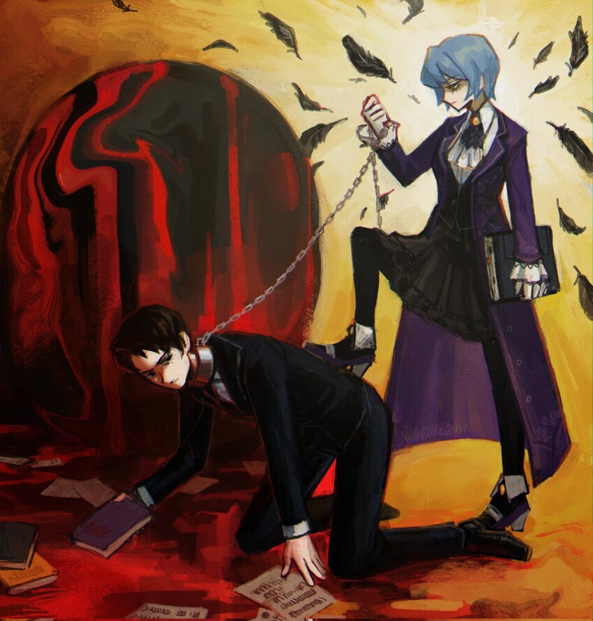 1boy, 1girl, angela_(project_moon), black_eyes, black_footwear, black_hair, black_pants, black_skirt, black_vest, blood, blue_hair, book, chain, collar, collared_shirt, feathers, frilled_sleeves, frills, highres, holding, holding_book, jewelry, kneeling, library_of_ruina, light, long_sleeves, mask, necklace, pages, pants, project_moon, roland_(project_moon), selllrom, shirt, shoes, short_hair, skirt, stepped_on, vest, white_shirt