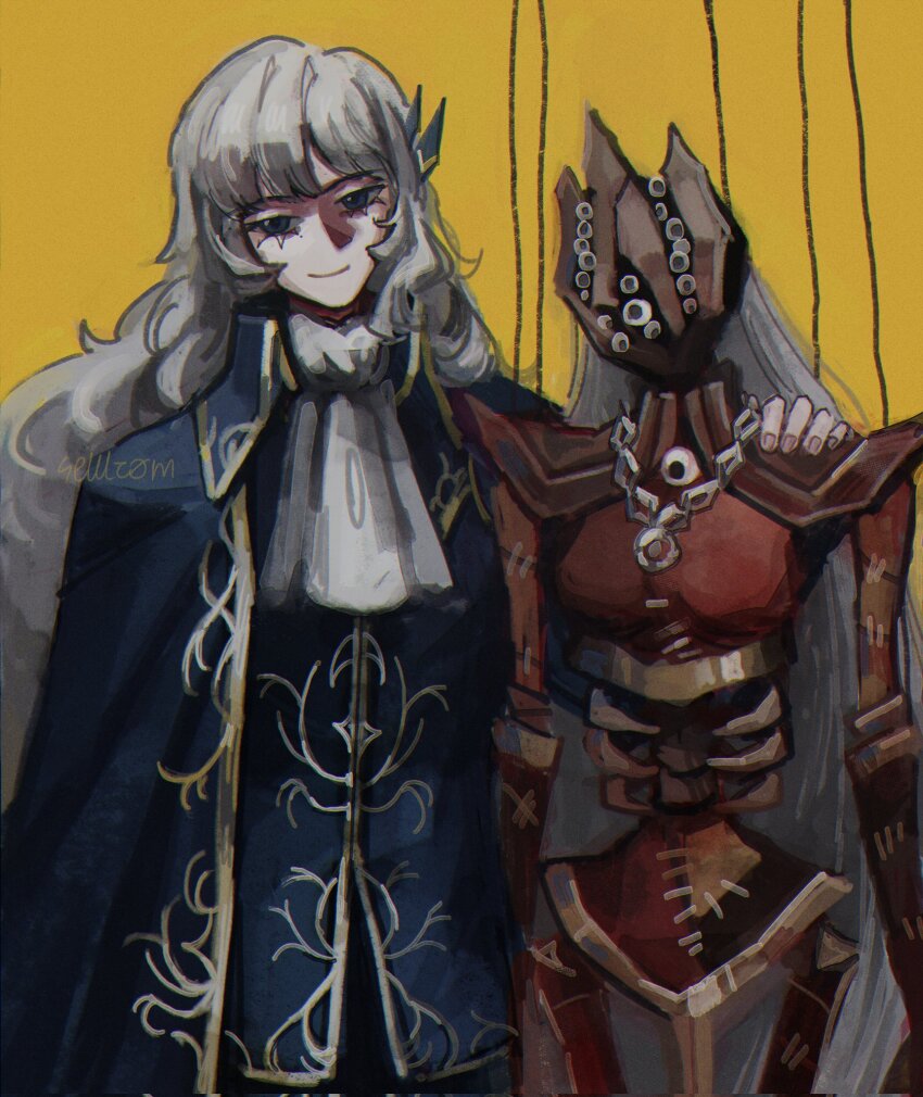 1boy, angelica_(project_moon), argalia_(project_moon), armor, ascot, blue_cape, blue_eyes, cape, closed_mouth, eyeball, gold_trim, hand_on_another's_shoulder, highres, jewelry, library_of_ruina, long_hair, looking_at_viewer, necklace, pauldrons, project_moon, puppet, puppet_strings, selllrom, shoulder_armor, simple_background, smile, spoilers, very_long_hair, white_ascot, white_hair, yellow_background