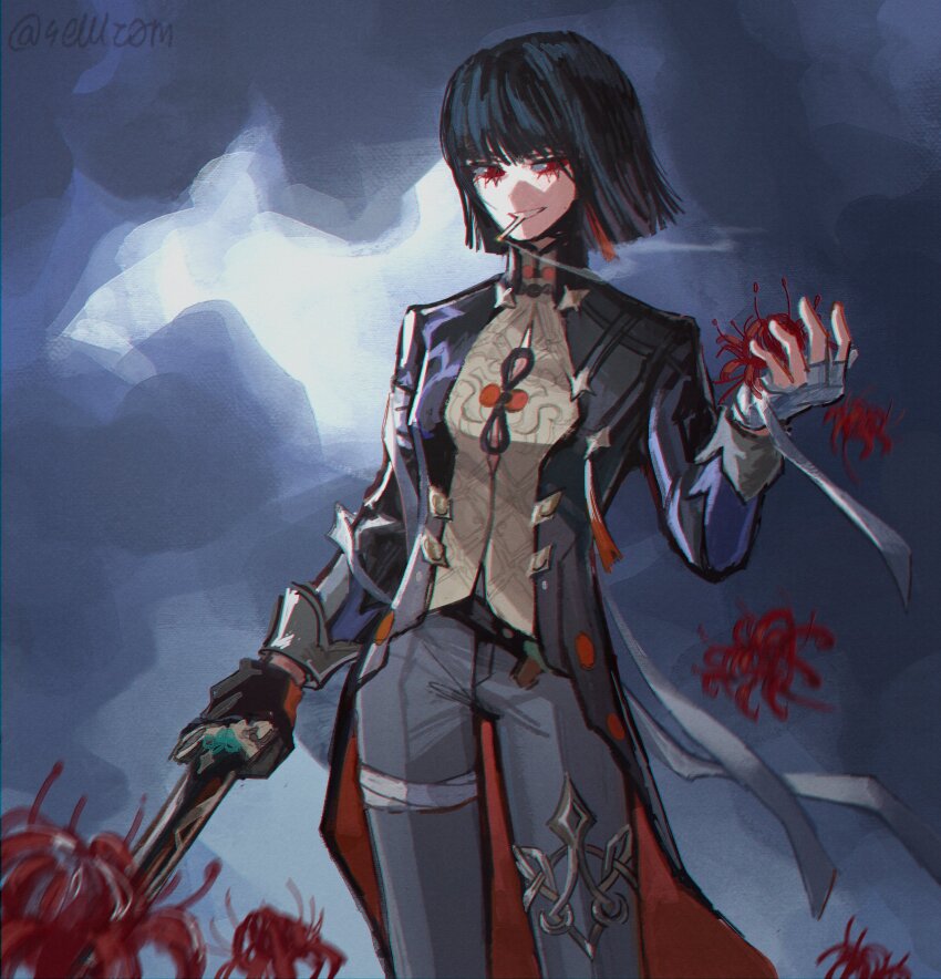 1girl, bandaged_hand, bandages, black_coat, black_hair, blade_(honkai:_star_rail), blade_(honkai:_star_rail)_(cosplay), cigarette