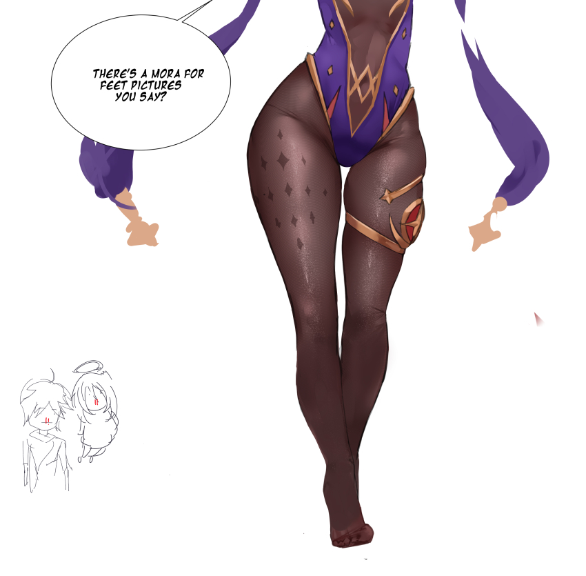 1boy, 2girls, absurdres, aether_(genshin_impact), blood, brown_pantyhose, commentary, english_text, genshin_impact, highres, jewelry, leotard, long_hair, mona_(genshin_impact), multiple_girls, no_shoes, nosebleed, paimon_(genshin_impact), pantyhose, purple_hair, purple_leotard, simple_background, smurtz, standing, thighlet, thighs, twintails, very_long_hair, white_background