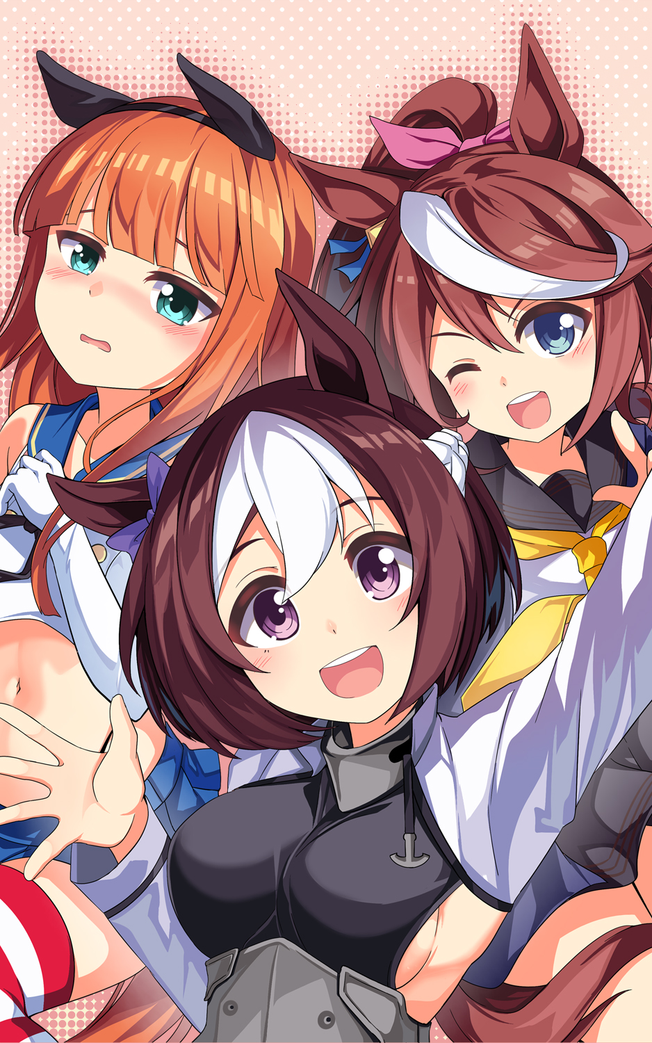 3girls, animal_ears, armpits, black_sailor_collar, blue_eyes, blue_sailor_collar, blush, breasts