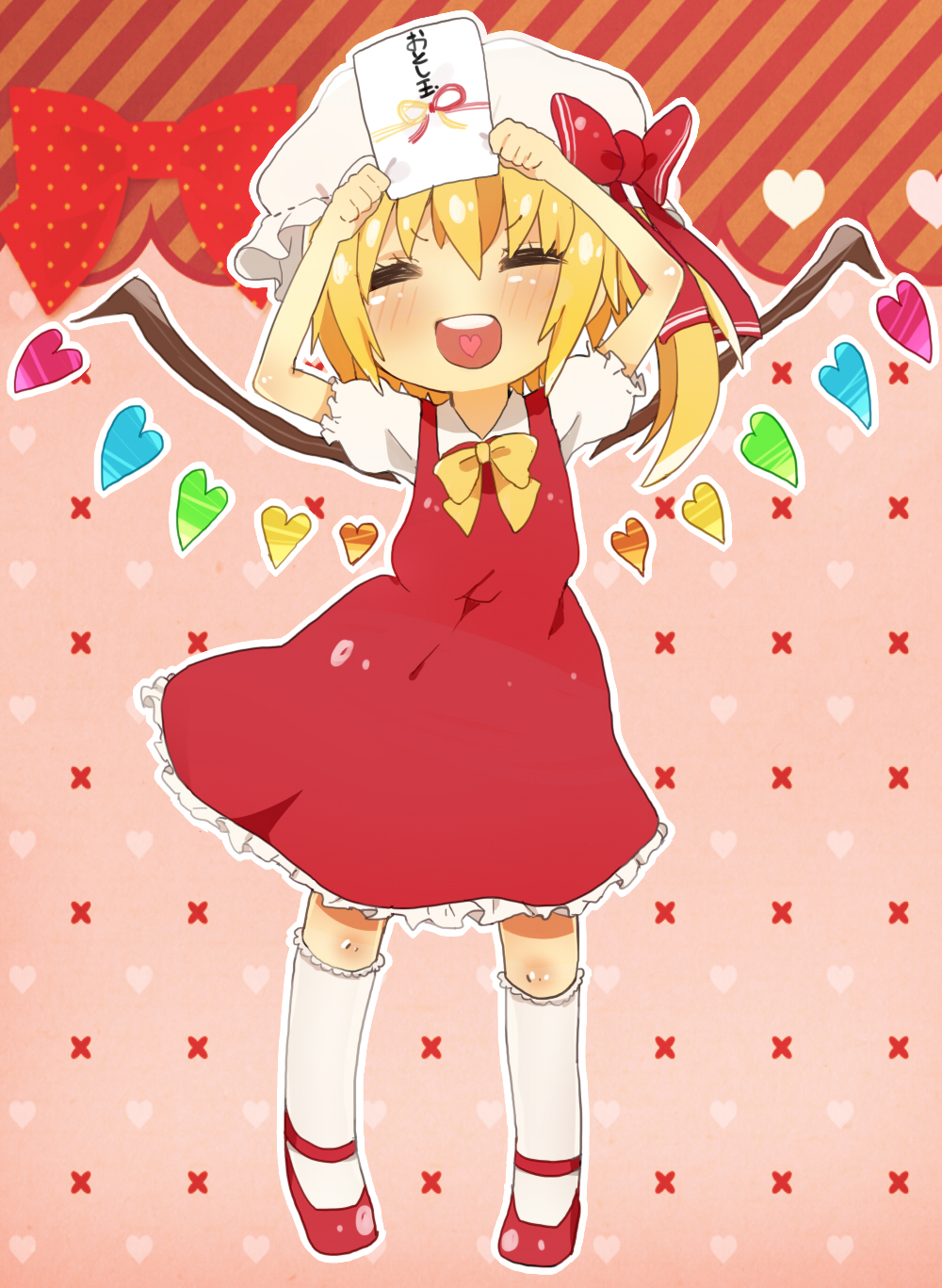1girl, adapted_costume, alternate_wings, arms_up, blonde_hair, bow, bowtie, closed_eyes