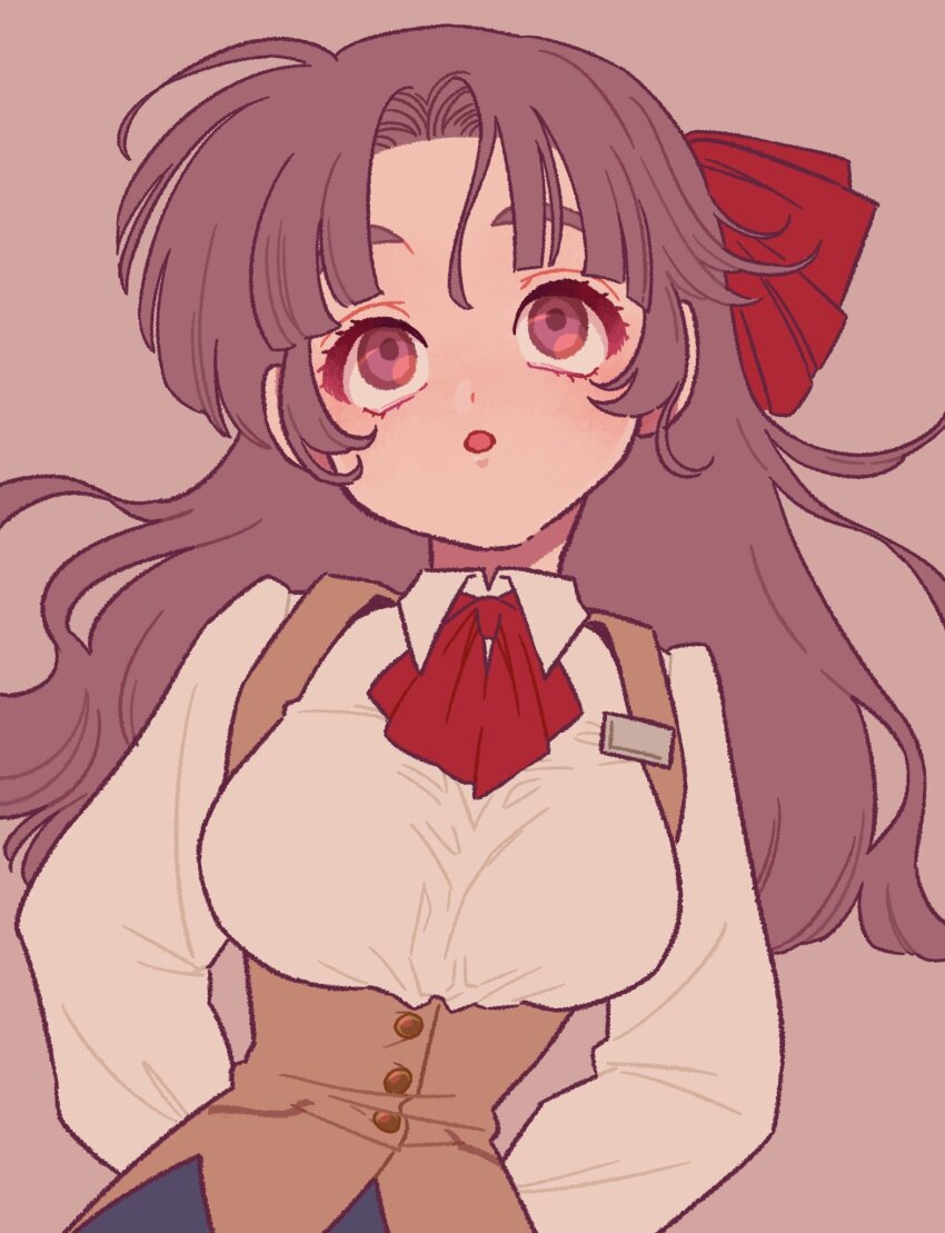 1girl, :o, arms_behind_back, ascot, breasts, brown_vest, commentary_request, curtained_hair, hair_ribbon, highres, large_breasts, long_hair, looking_up, narrow_waist, pink_eyes, purple_background, purple_hair, red_ascot, red_ribbon, ribbon, sayonara_wo_oshiete, school_uniform, shirt, simple_background, solo, tsuyuko_(tsuyudakuperori), ueno_koyori, underbust, upper_body, vest, white_shirt