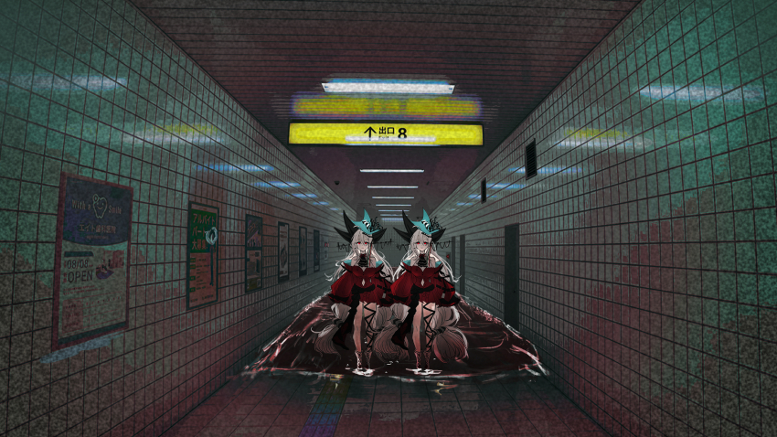 2girls, absurdly_long_hair, aqua_headwear, arknights, ascot, black_ascot, clone, clothing_cutout