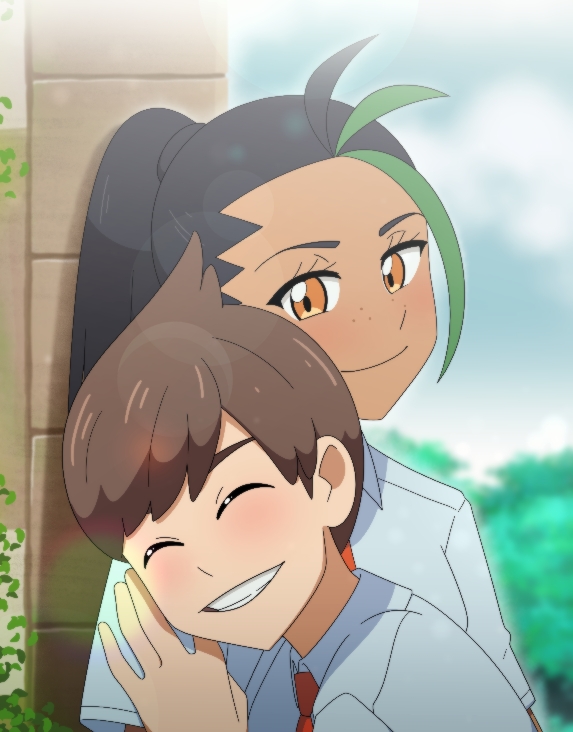 1boy, 1girl, ahoge, black_hair, closed_eyes, dark-skinned_female, dark_skin, florian_(pokemon)