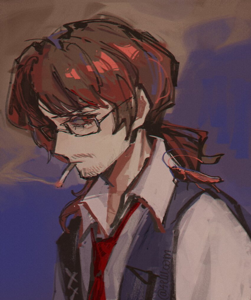 1boy, beard, brown_eyes, brown_hair, bug, cigarette, cockroach, facial_hair