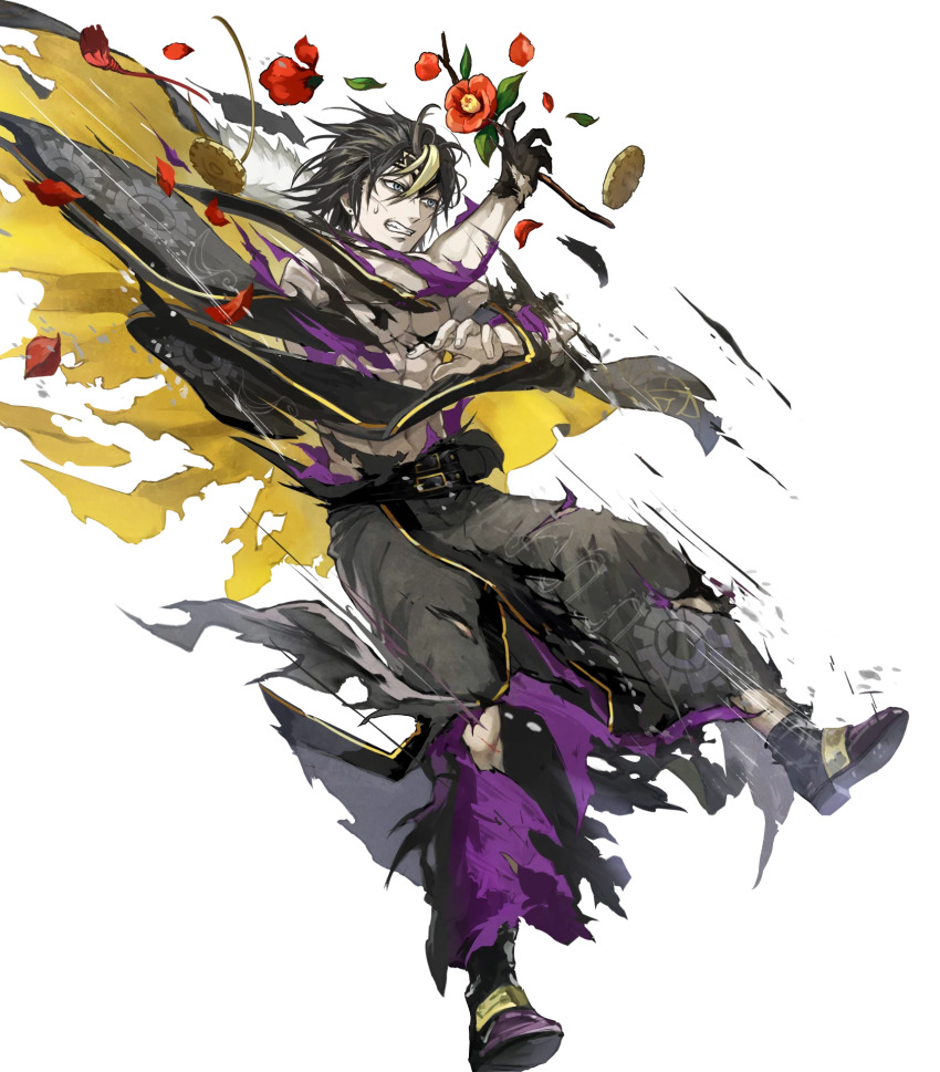 1boy, black_cape, black_gloves, black_hair, black_kimono, blonde_hair, blue_eyes, cape