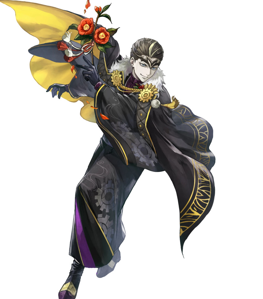 1boy, attack, black_cape, black_gloves, black_hair, black_kimono, blonde_hair, blue_eyes