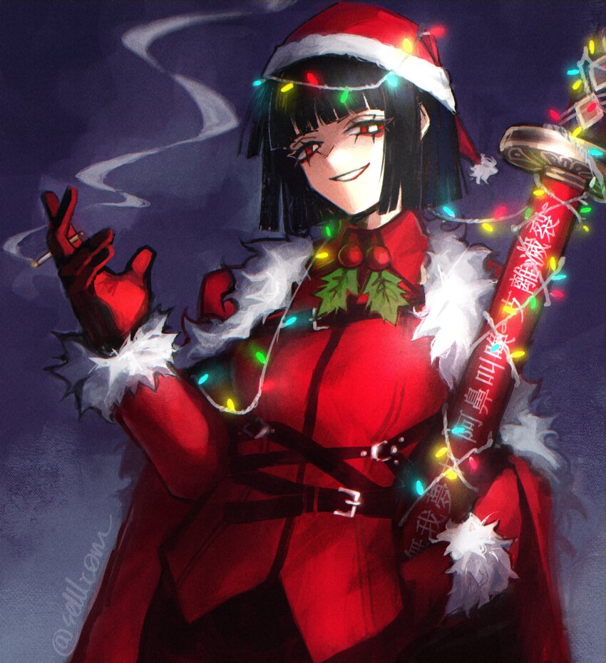 1girl, absurdres, black_hair, cape, christmas_lights, cigarette, collared_jacket, fur-trimmed_sleeves