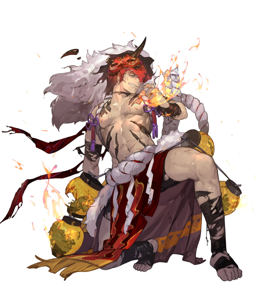 1boy, abs, bara, body_markings, burning_clothes, damaged, dark-skinned_male, dark_skin