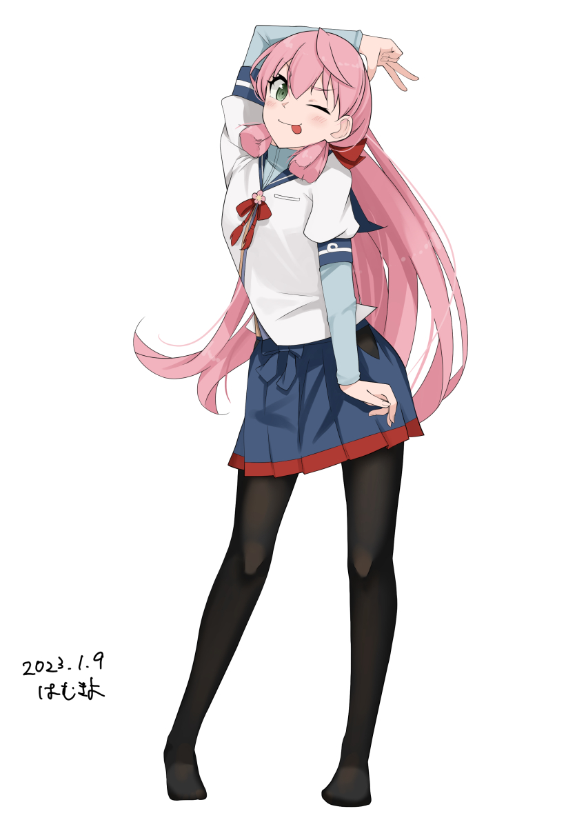 1girl, absurdres, akashi_(kancolle), alternate_legwear, arm_up, artist_name, black_pantyhose, blue_skirt