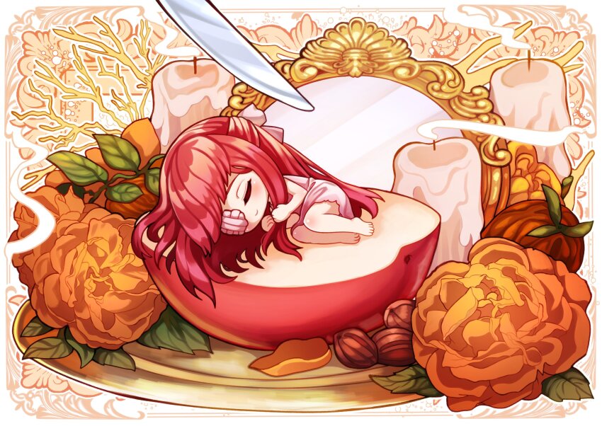 1girl, absurdres, apple, apple_slice, bow, candle, chibi, closed_eyes