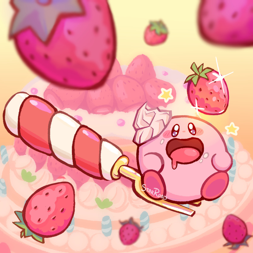 blush_stickers, cake, colored_skin, drooling, food, food_on_face, fork, fruit