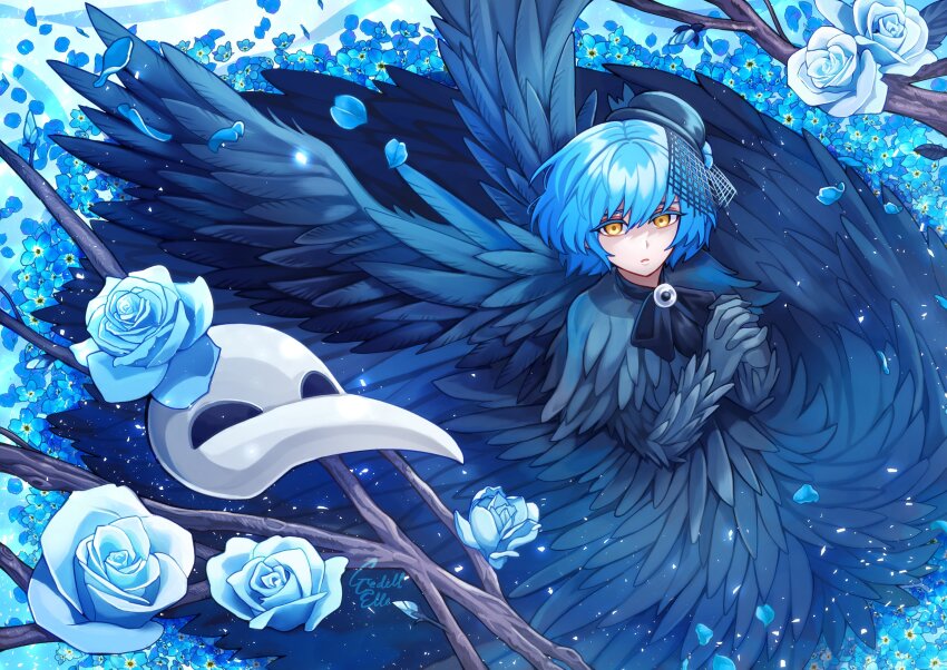 1girl, absurdres, angela_(project_moon), black_bow, black_bowtie, black_dress, black_feathers, black_gloves