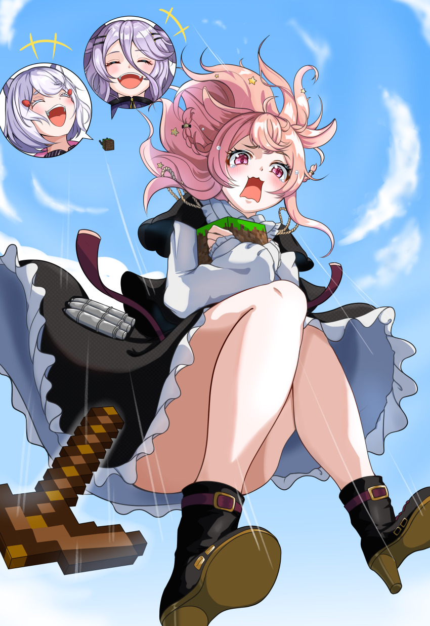 3girls, absurdres, black_dress, black_footwear, block_(minecraft), blue_sky, blush, boots