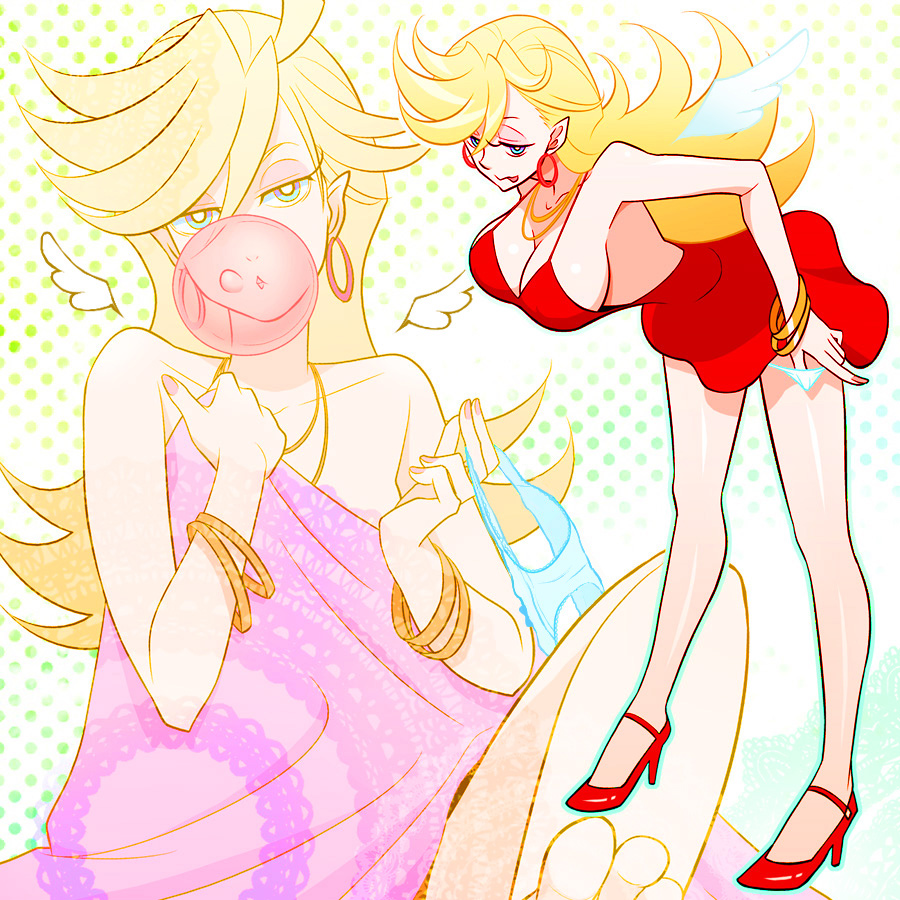 10s, 1girl, angel_wings, balloon, bent_over, blonde_hair, blue_eyes, bracelet, breasts, chewing_gum, cleavage, condom, condom_balloon, condom_in_mouth, dress, e_richi, earrings, female_focus, hanging_breasts, high_heels, jewelry, kkt049, large_breasts, legs, long_hair, long_legs, lots_of_jewelry, md5_mismatch, mouth_hold, necklace, panty_&amp;_stocking_with_garterbelt, panty_(psg), red_dress, red_skirt, resolution_mismatch, shoes, skirt, solo, source_smaller, thighs, wings