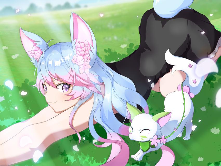 1girl, absurdres, animal, animal_ears, antenna_hair, black_dress, blue_hair, blurry, blurry_background, cat_stretch, closed_mouth, dress, falling_petals, flower, grass, hair_flower, hair_ornament, highres, indie_virtual_youtuber, long_hair, mayamochi, multicolored_hair, petals, pink_flower, pink_hair, purple_eyes, silvervale, star_(symbol), star_in_eye, streaked_hair, stretching, swept_bangs, symbol_in_eye, tail, top-down_bottom-up, two-tone_hair, virtual_youtuber, wolf_ears, wolf_girl, wolf_tail