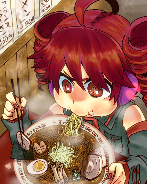 1girl, ahoge, bad_id, bad_pixiv_id, chopsticks, detached_sleeves, drill_hair, eating, egg, female_focus, food, headphones, kasane_teto, kasane_teto_(utau), meandros, meat, nishimatsuya, noodles, ramen, red_eyes, red_hair, solo, steam, twin_drills, twintails, utau, vocaloid