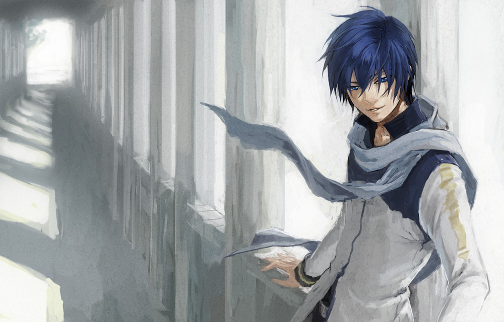 1boy, against_railing, bad_id, bad_pixiv_id, blue_eyes, blue_hair, kaito_(vocaloid), male_focus, matching_hair/eyes, railing, scarf, smile, solo, standing, vocaloid, yamakawa_(sato), yamakawa_umi