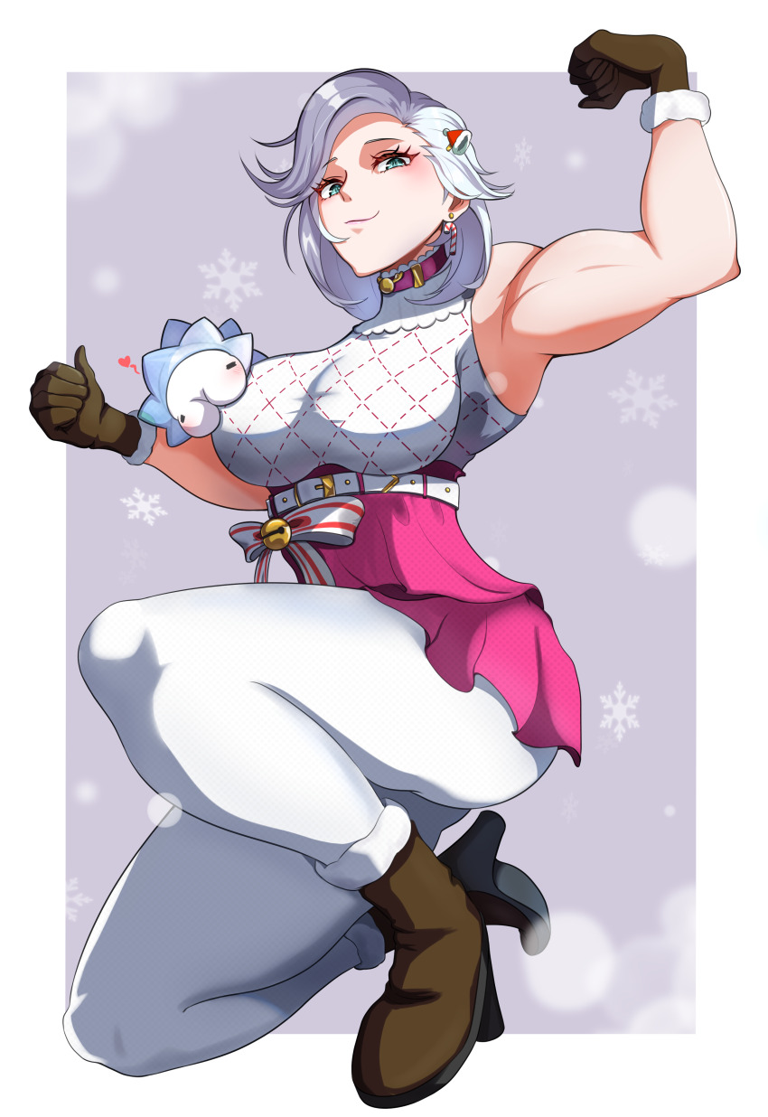 1girl, absurdres, bell, boots, bow, breasts, brown_boots, brown_gloves, candy_cane_earrings, closed_mouth, flexing, food-themed_earrings, fur-trimmed_boots, fur-trimmed_gloves, fur_trim, gen_8_pokemon, gloves, green_eyes, grey_hair, hat, heart, high-waist_skirt, highres, large_breasts, mayamochi, mini_hat, mini_santa_hat, muscular, muscular_female, nintendo, on_one_knee, pantyhose, pink_skirt, pokemon, santa_hat, shirt, skirt, sleeveless, sleeveless_shirt, snom, snowflakes, solo, striped_bow, thumbs_up, virtual_youtuber, vshojo, white_bow, white_pantyhose, white_shirt, zentreya