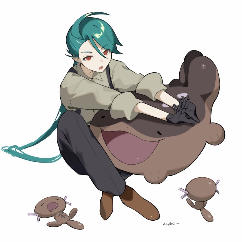 1girl, black_pants, brown_footwear, clodsire, closed_eyes, commentary_request, dark_skin, from_above