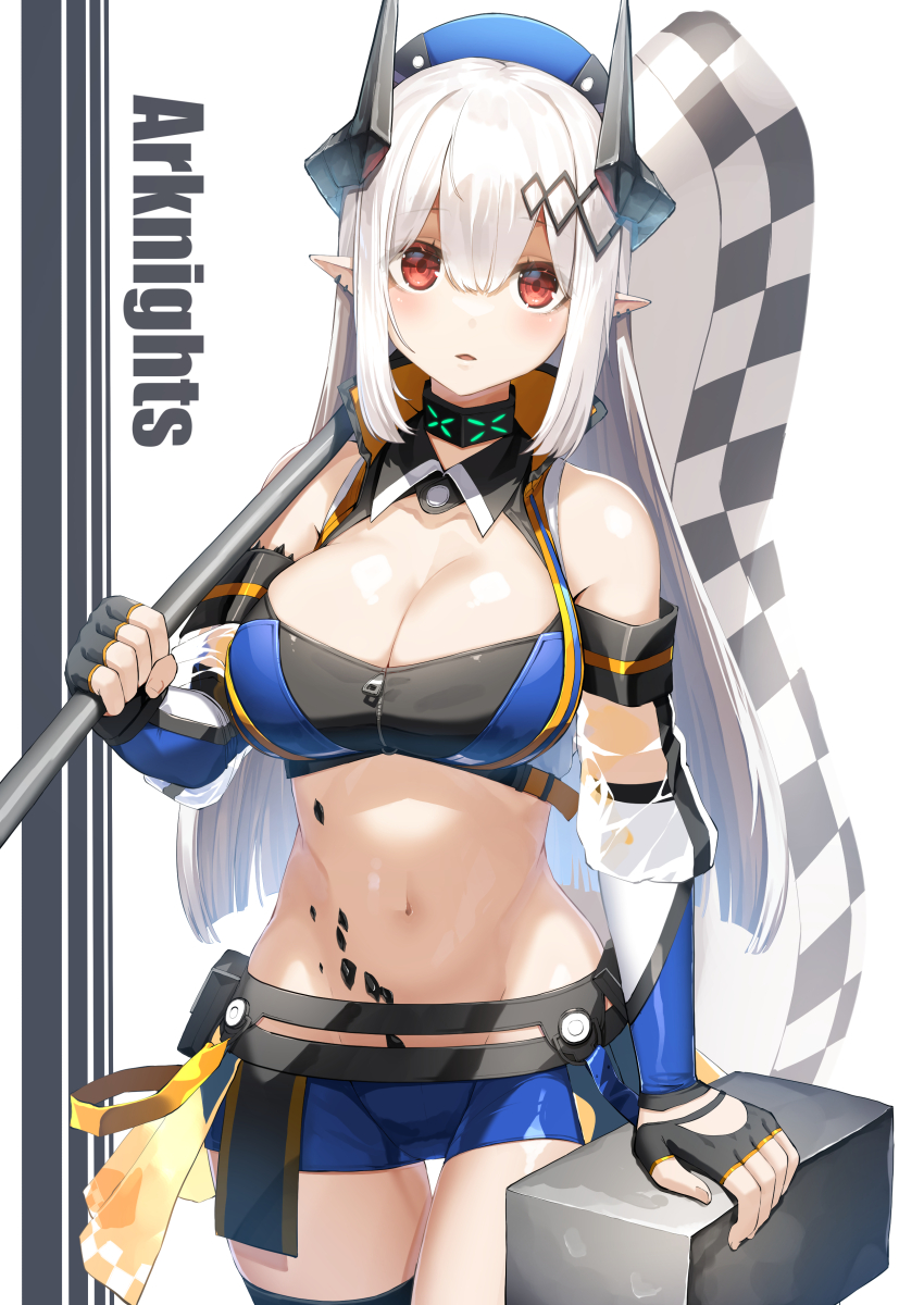 1girl, absurdres, arknights, bagpipe_(arknights), bagpipe_(arknights)_(cosplay), bagpipe_(queen_no._1)_(arknights), bare_shoulders, black_choker, black_gloves, black_horns, blue_hat, blue_shirt, blue_shorts, breasts, checkered_flag, choker, cleavage, commentary_request, copyright_name, cosplay, cowboy_shot, crop_top, detached_sleeves, eyes_visible_through_hair, fingerless_gloves, fingernails, flag, gloves, groin, hair_between_eyes, hair_ornament, hammer, hat, highres, holding, holding_flag, horns, infection_monitor_(arknights), large_breasts, long_hair, looking_at_viewer, material_growth, meth_(emethmeth), micro_shorts, midriff, mudrock_(arknights), navel, official_alternate_costume, oripathy_lesion_(arknights), parted_lips, pointy_ears, race_queen, red_eyes, see-through_clothes, shirt, short_shorts, shorts, showgirl_skirt, sidelocks, sleeveless, sleeveless_shirt, solo, standing, stomach, thigh_gap, thighs, white_background, white_hair