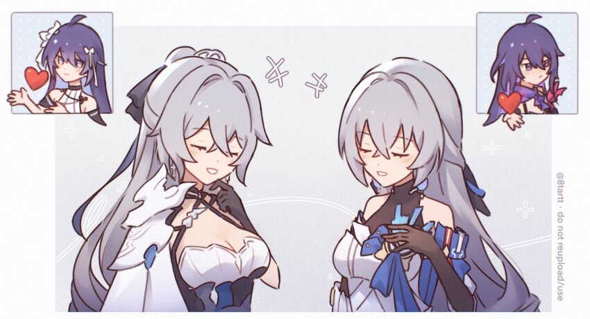 +++, 4girls, 8tartt, ahoge, bare_shoulders, blue_hair, blue_scarf, breasts