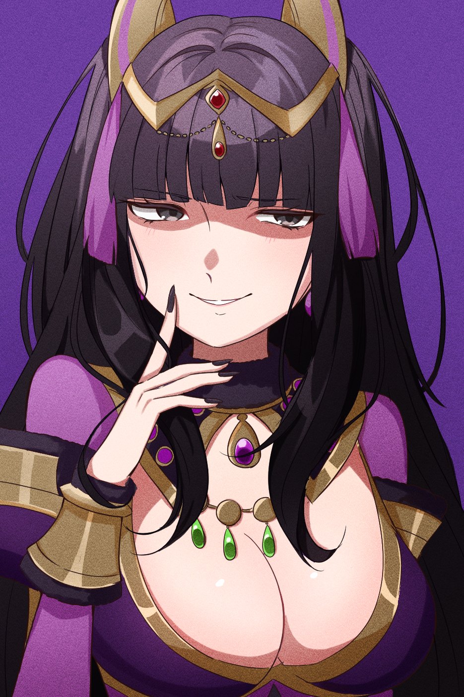 1girl, alternate_costume, black_hair, black_nails, blunt_bangs, bracelet, breasts, cleavage, cleavage_cutout, clothing_cutout, commentary_request, eyelashes, fire_emblem, fire_emblem_awakening, gmais2514, grey_eyes, hand_on_own_chin, highres, jewelry, large_breasts, long_hair, nintendo, purple_background, simple_background, smile, solo, sorcerer_(fire_emblem_awakening), tassel, teeth, tharja_(fire_emblem), tiara, two_side_up, upper_body